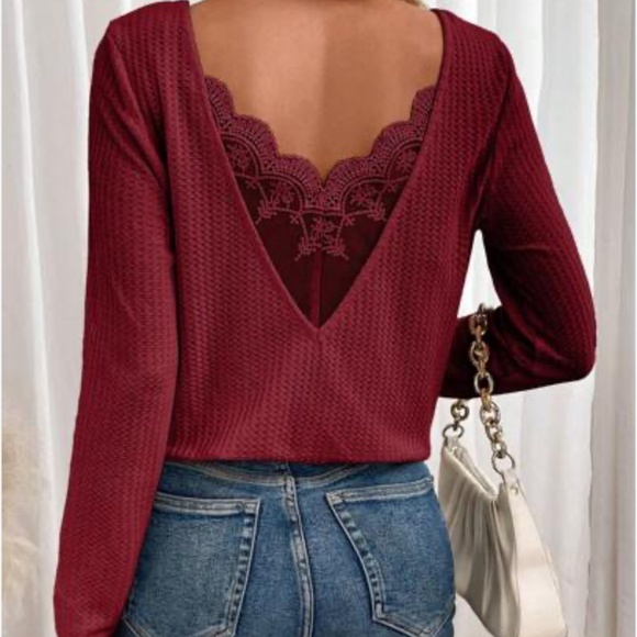 SHEIN Tops - SHEIN Red Frenchy Lace Spliced Long Sleeve Waffle Top